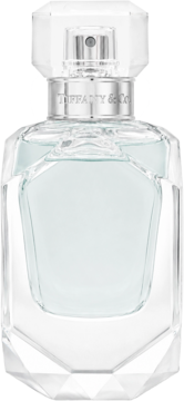 Damska woda toaletowa Tiffany & Co. Sheer, elegancka butelka z fasetowanego szkła, jasnoniebieski płyn, widok z przodu.