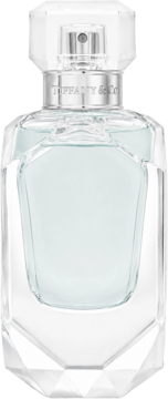 Damskie perfumy Tiffany & Co. Sheer w fasetowanej szklanej butelce z krystalicznym korkiem, jasnoniebieski płyn.