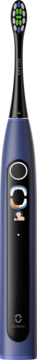 Oclean X Lite niebieska szczoteczka soniczna z czarnym panelem, smart screen i zielono-białymi włóknami. Widok z przodu.