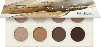 Paleta cieni Affect Day to Night z 8 matowymi i błyszczącymi cieniami w odcieniach beżu i brązu, widok z góry.