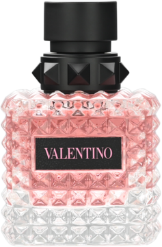 Valentino Donna Born in Roma, damska woda perfumowana w różowej butelce z piramidowymi ćwiekami i czarnym korkiem, widok z przodu.
