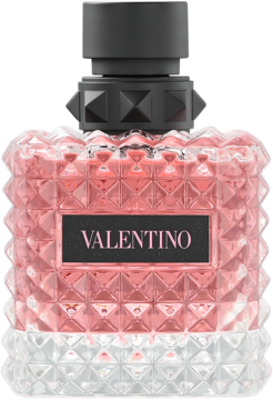 Damska woda perfumowana Valentino Donna Born in Roma w różowej butelce z diamentowym wzorem, czarną etykietą i ćwiekami.