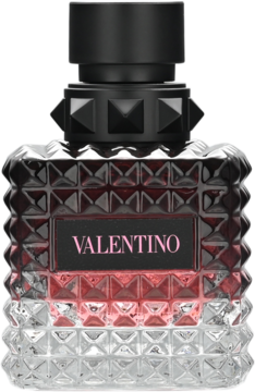 Valentino Donna Born In Roma Intense, woda perfumowana w szklanej butelce z ćwiekami. Czerwono-czarny gradient, różowy napis.