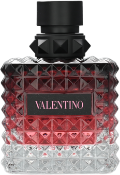 Damska woda perfumowana Valentino Donna Born In Roma Intense, ćwiekowana czerwono-przezroczysta butelka, widok z przodu.