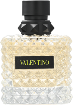 Valentino Donna Born In Roma Yellow Dream woda perfumowana, butelka z fasetowanego szkła, czarny korek i etykieta.