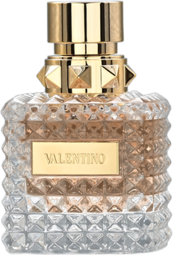Damska woda perfumowana Valentino w fasetowanej butelce z kryształowymi ćwiekami, złotą etykietą i korkiem.