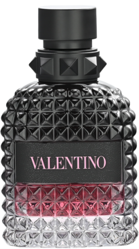 Valentino Uomo Born in Roma Intense, męska woda perfumowana w czarnej, ćwiekowanej butelce z różowym płynem.