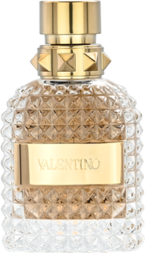 Valentino męska woda perfumowana w teksturowanej, szklanej butelce z piramidkami i złotym korkiem, widok z przodu.
