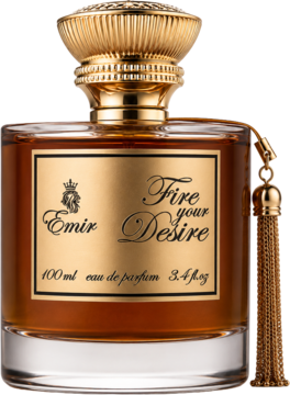 Emir Fire Your Desire Eau de Parfum, prostokątna butelka z bursztynowym płynem, złotą etykietą i chwostem.
