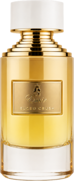 Woda perfumowana Emir Super Crush, złota butelka z białym korkiem, bursztynowy płyn, widok z przodu.