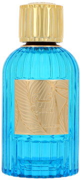 Paris Corner Qissa Blue EDP, niebieska butelka z pionowymi żłobieniami, złota etykieta z liśćmi, złoty korek.