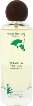 Pierre Bernard Organics Nutmeg & Vetiver Extrait De Parfum 100ml, szklana butelka z drewnianym korkiem, widok z przodu.