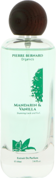 Pierre Bernard Organics Mandarin & Vanilla Extrait De Parfum w szklanej butelce z drewnianym korkiem, widok z przodu.