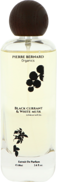 Pierre Bernard Organics Black Currant & White Musk, flakon perfum z jasnym płynem i czarnymi ilustracjami owoców, widok z przodu.