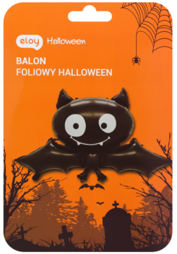 Czarny foliowy balon Halloween w kształcie uśmiechniętego nietoperza na pomarańczowym opakowaniu z pajęczyną.