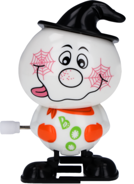 Stojąca biała nakręcana figurka duszka Halloween w czarnym kapeluszu wiedźmy, różowe policzki i napis BOO.