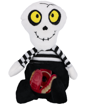 Fluffy Halloween friends: biały pluszowy szkielet z żółtymi oczami i otwartym brzuchem z cukierkami w kształcie organów.