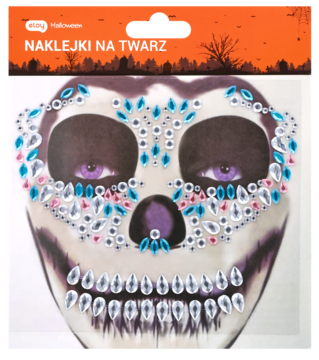 Naklejka na twarz Halloween, maska czaszka z błyszczącymi srebrnymi i niebieskimi cyrkoniami, widok z przodu.