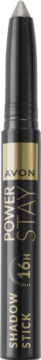 Czarny cień w kredce Avon Power Stay 16H ze złotą etykietą i srebrną końcówką, widok z przodu.