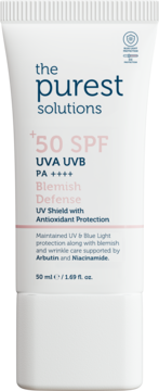 Biała tuba The Purest Solutions +50 SPF Blemish Defense UVA/UVB z arbutyną i niacynamidem, widok z przodu.
