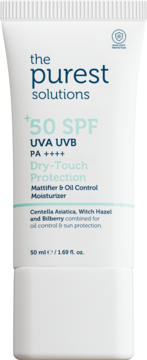 Biała tubka The Purest Solutions, matujący krem SPF 50+ UVA/UVB na tłustą skórę, widok z przodu.
