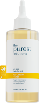 Tonik The Purest Solutions Oil Control z 2% kwasem salicylowym BHA w przezroczystej butelce z żółtym płynem, widok z przodu.