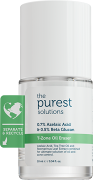 The Purest Solutions T-Zone Oil Eraser z kwasem azelainowym i beta-glukanem, mała butelka, zielona etykieta, widok z przodu.