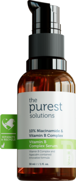 Serum The Purest Solutions 10% Niacinamide i Vitamin B Complex, ciemna butelka z pompką, zielony recykling.