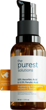 Rozświetlające serum The Purest Solutions, wit. C (10% kwas askorbinowy), brązowa butelka z pompką, przód.