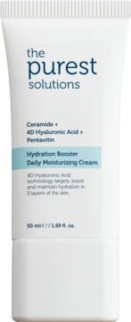 Biała tubka The Purest Solutions Hydration Booster Daily Moisturizing Cream z 4D kwasem hialuronowym, widok z przodu.