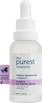 The Purest Solutions Serum pod oczy z kofeiną i witaminą C, biała butelka z pipetą, z przodu.
