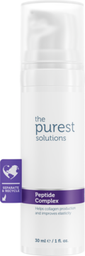 The Purest Solutions Peptide Complex serum, biała butelka z pompką, widok z przodu, wspiera kolagen, 30 ml.
