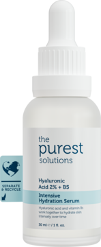 The Purest Solutions Hyaluronic Acid 2% + B5 Serum w białej butelce z kroplomierzem, niebieska etykieta, widok z przodu.