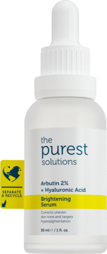 Serum The Purest Solutions Brightening Arbutin 2% + Hyaluronic Acid, biała butelka z kroplomierzem, widok z przodu.