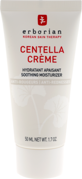 Biała tuba kremu Erborian Centella Crème, kojący nawilżacz redukujący zaczerwienienia, czerwone napisy, widok z przodu.