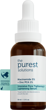 Serum The Purest Solutions z Niacynamidem 5% i Cynkiem PCA 1% w brązowej butelce z zakraplaczem, biała etykieta, widok z przodu.