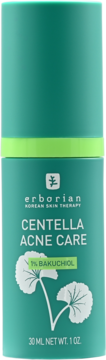 Erborian Centella Acne Care fluid, 1% Bakuchiol, w turkusowej butelce z grafiką Centella. Widok z przodu.