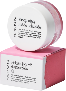 Pielęgnujący kremowy róż Your Kaya Dusty Rose w białym słoiczku, stojący na różowym pudełku, widok z góry.