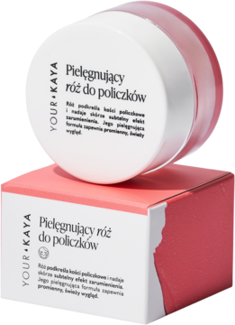 Your Kaya Pielęgnujący róż do policzków Soft Peony: biały słoiczek stoi na różowym pudełku, widoczne etykiety.