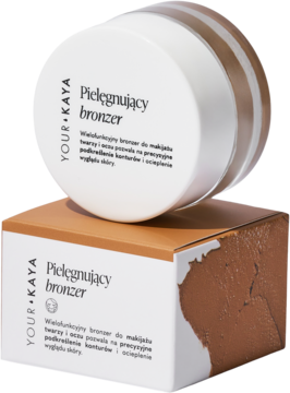 Pielęgnujący bronzer kremowy Your Kaya Warm Almond w białym słoiczku, na dopasowanym brązowo-białym pudełku.