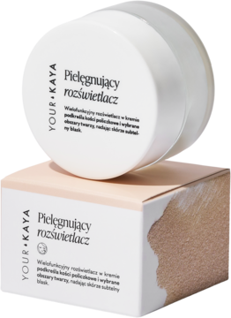 Kremowy rozświetlacz Your Kaya Pearl Glow w białym słoiczku, stojący na kartonowym opakowaniu.