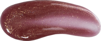 Błyszczący swatch brokatowego olejku do ust Tuli Labs Caramel Chic, karmelowy z złotymi drobinkami, na białym tle.