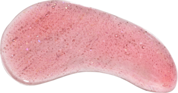 Różowy, brokatowy olejek do ust Tuli Labs Shiny Pearls, smuga produktu z widocznymi drobinkami brokatu.