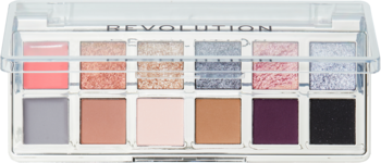 Paleta cieni Revolution The Muse Icon, 12 cieni matowych i błyszczących: róże, brązy, błękity, fiolety i czerń. Widok z góry.