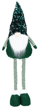 Zielony pluszowy gnom świąteczny z błyszczącym kapeluszem, długą brodą i paskowanymi nogami, widok z przodu.