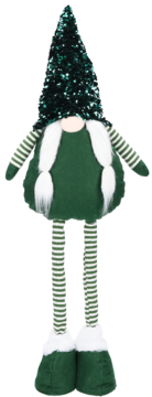 Zielony gnom świąteczny z brokatowym kapeluszem, białymi warkoczami i paskowanymi nogami, widok z przodu.