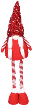 Czerwony gnom świąteczny z brokatową stożkową czapką, białym nosem i długimi pasiastymi nogami w butach z futerkiem.