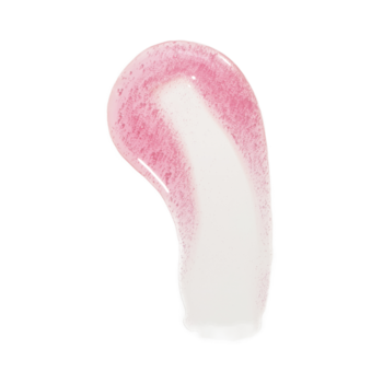 Zbliżenie: błyszczący różowy swatch olejku Revolution Pout Lip Oil Watermelon Pink, lustrzany blask na białym.