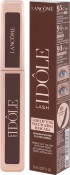 Brązowy tusz do rzęs Lancôme Idôle Lash i kartonik z napisem 'Lash Lifting', widok z przodu pod kątem.