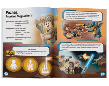 Otwarta książka LEGO Star Wars o Anakinie. Strony pokazują minifigurkę Anakina, droida oraz sceny z Tatooine i Naboo.